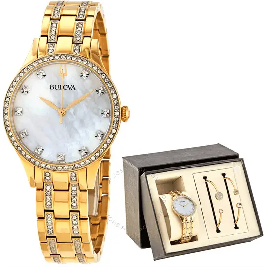 BULOVA-Juego de reloj y brazalete para mujer con esfera de nácar 98X119 - MWHITE.COM.CO