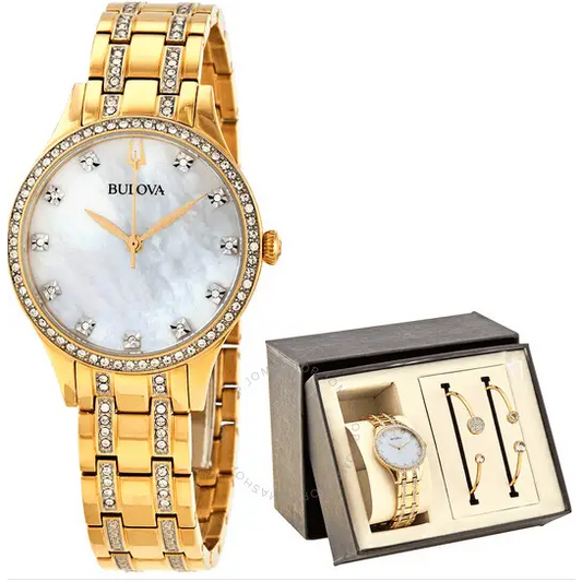 BULOVA-Juego de reloj y brazalete para mujer con esfera de nácar 98X119 - MWHITE.COM.CO